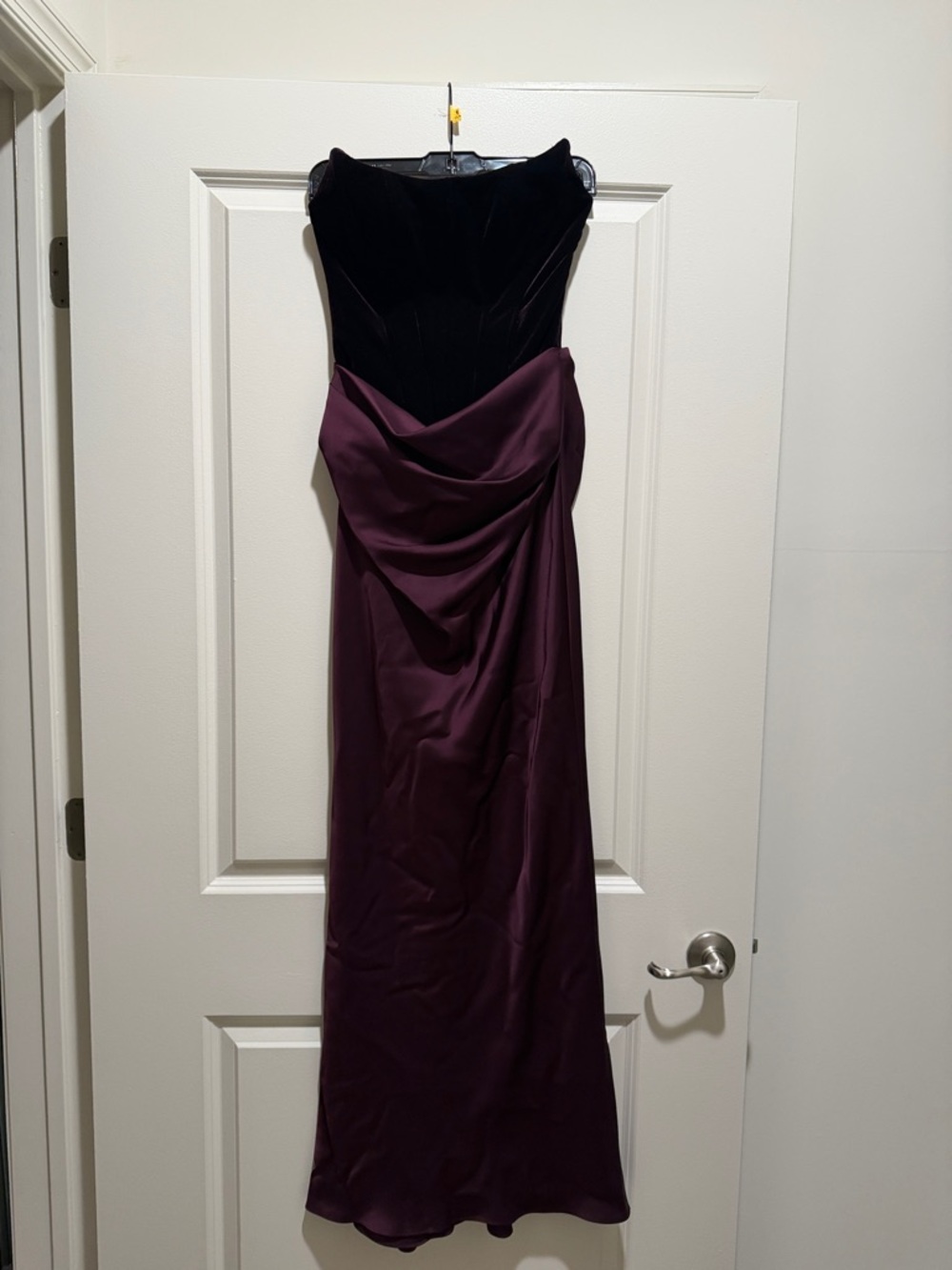 Strapless Black and Plum Evening Gown with Draped Skirt